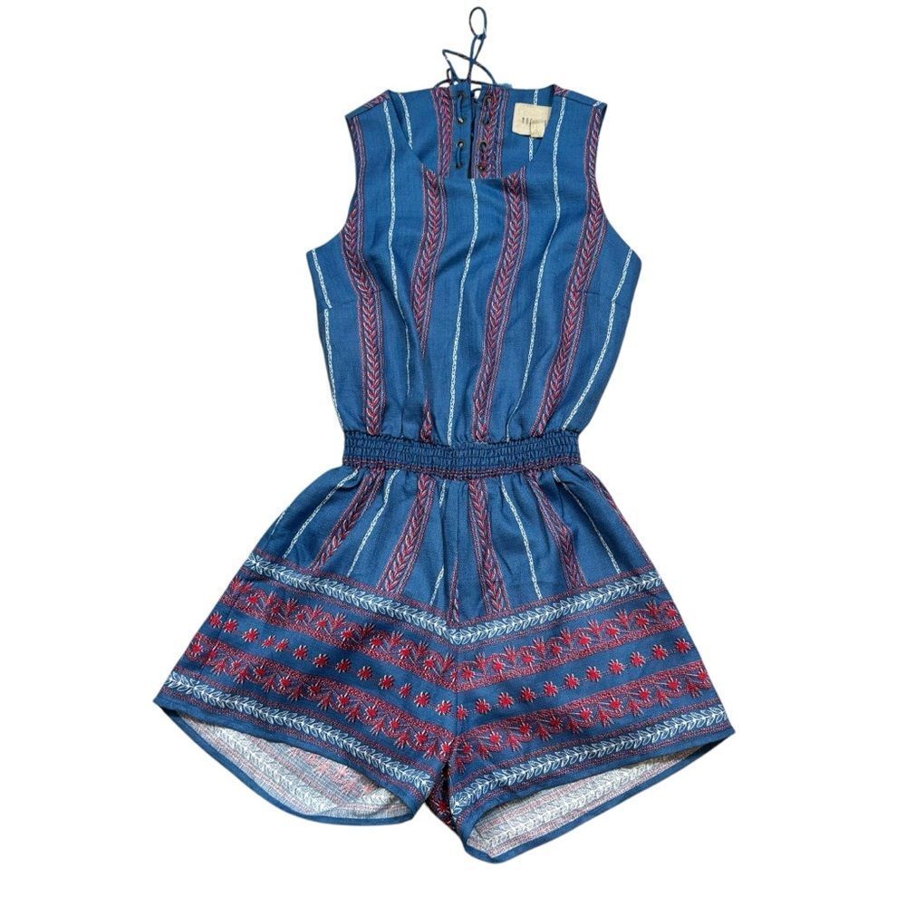 Moon River Ladies Blue‎ and Red Printed Romper Size XS Lace Up Open Back